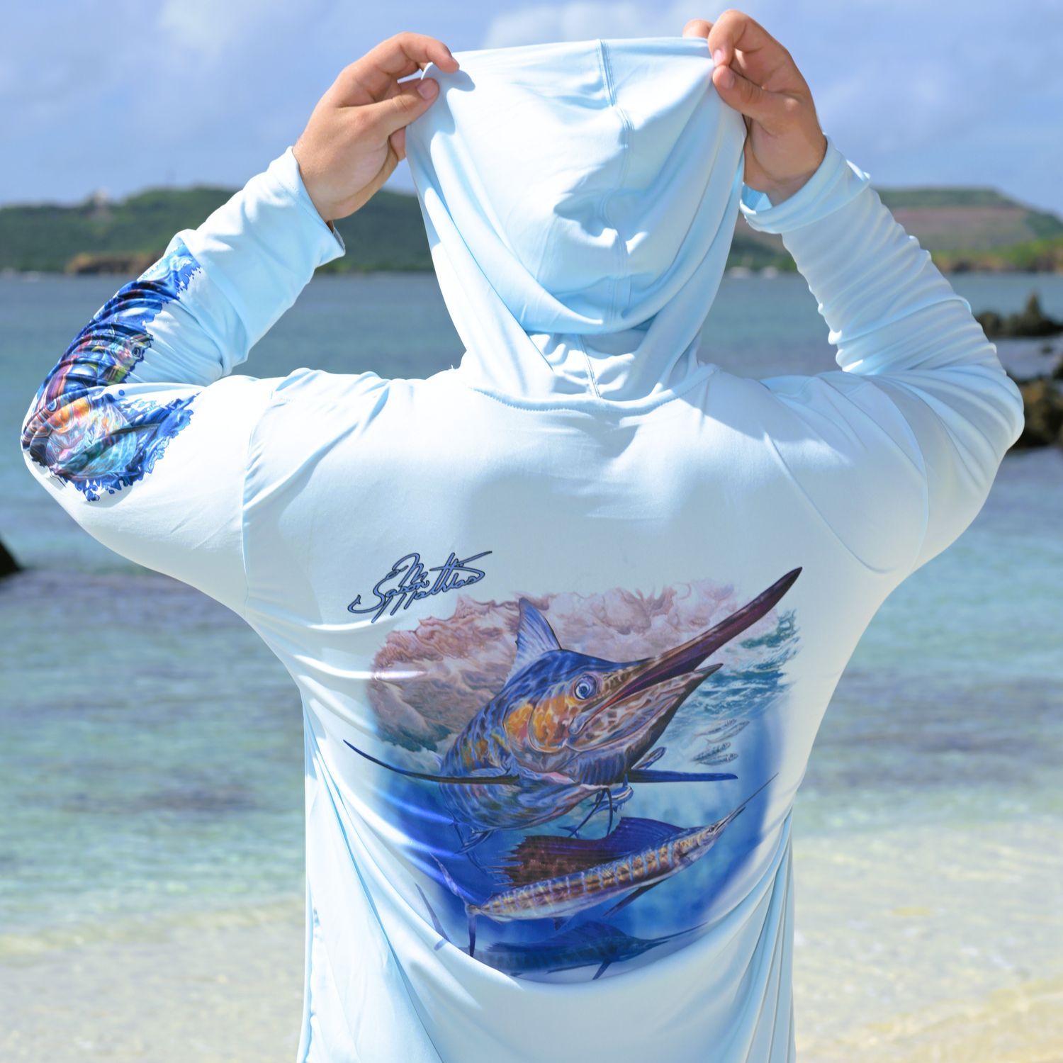 OS SPF 50+ Performance Men&#39;s Hoodie Marlin Sailfish Ice