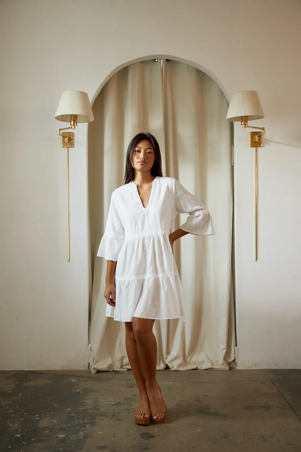 Women&#39;s V Line Dress w/Crochet - White