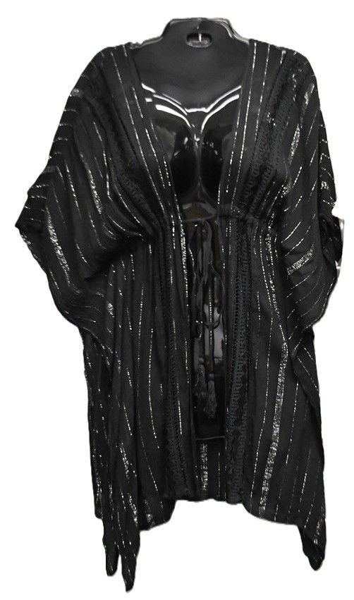 Crepe Silver Lurex Tie Front Cover Up - Black