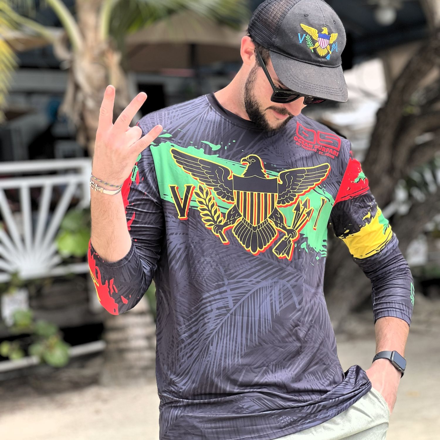 OS SPF 50+ Performance Men&#39;s LS VI Rasta Black Palm