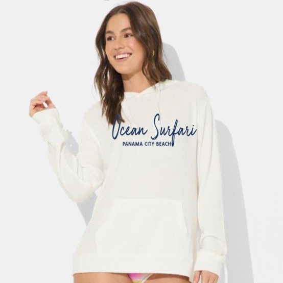 Ladies PCB Rib Hacci Lettuce Edge Hoodie Warm White