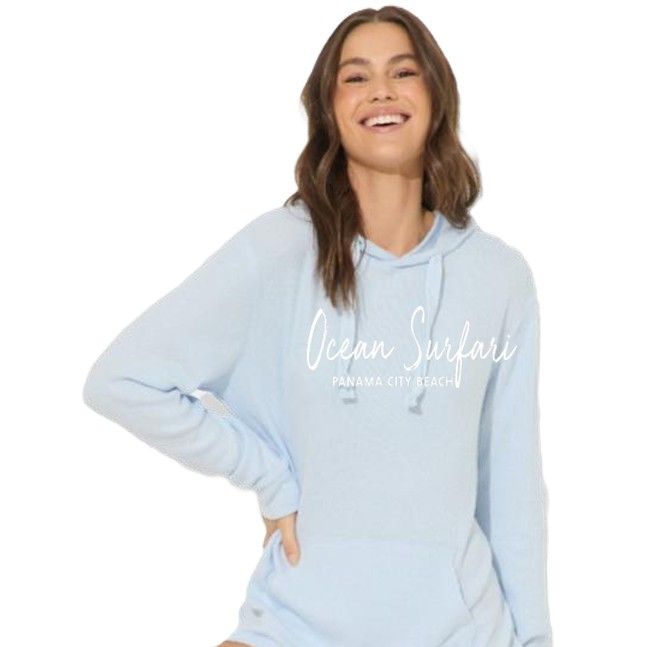 Ladies PCB Rib Hacci Lettuce Edge Hoodie Sky Blue
