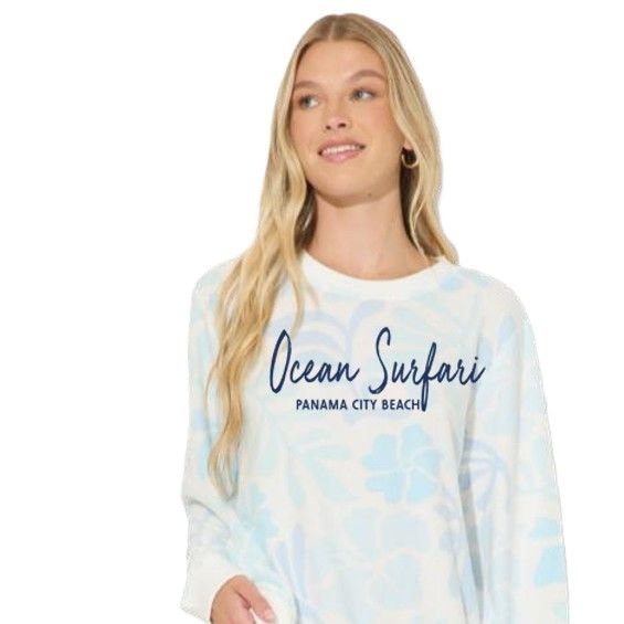 Ladies PCB Retro Hibiscus Hacci Crewneck Blue