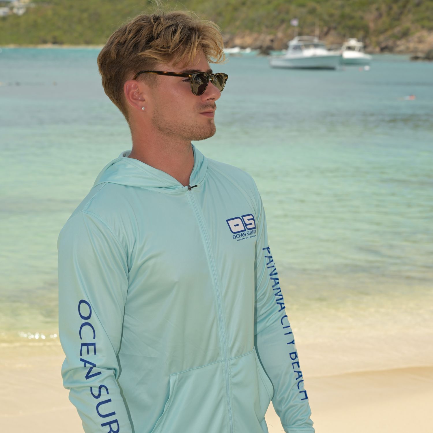 OS SPF 50+ Performance F/Z Men&#39;s LS PCB Aqua Blue