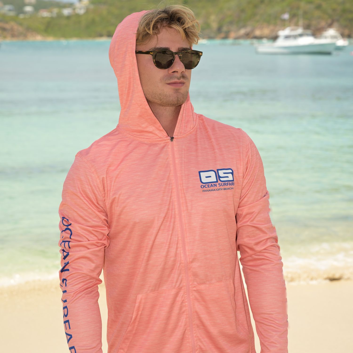 OS SPF 50+ Performance F/Z Men&#39;s LS PCB HSalmon