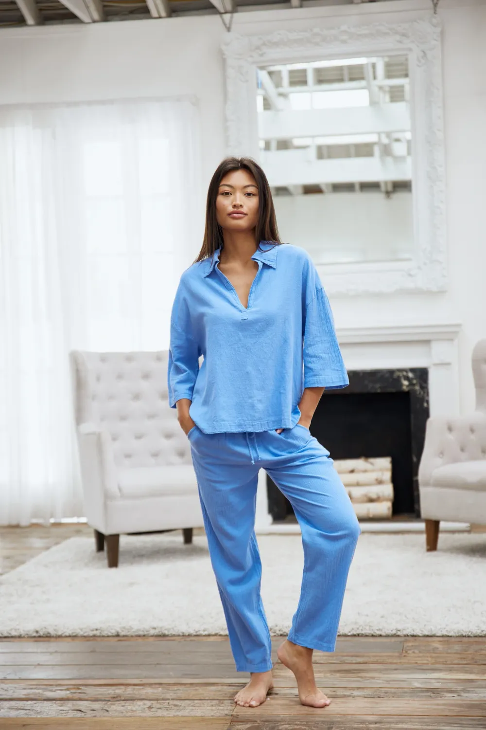 Women's Oversize 3 Quarter Collared Top - Azure