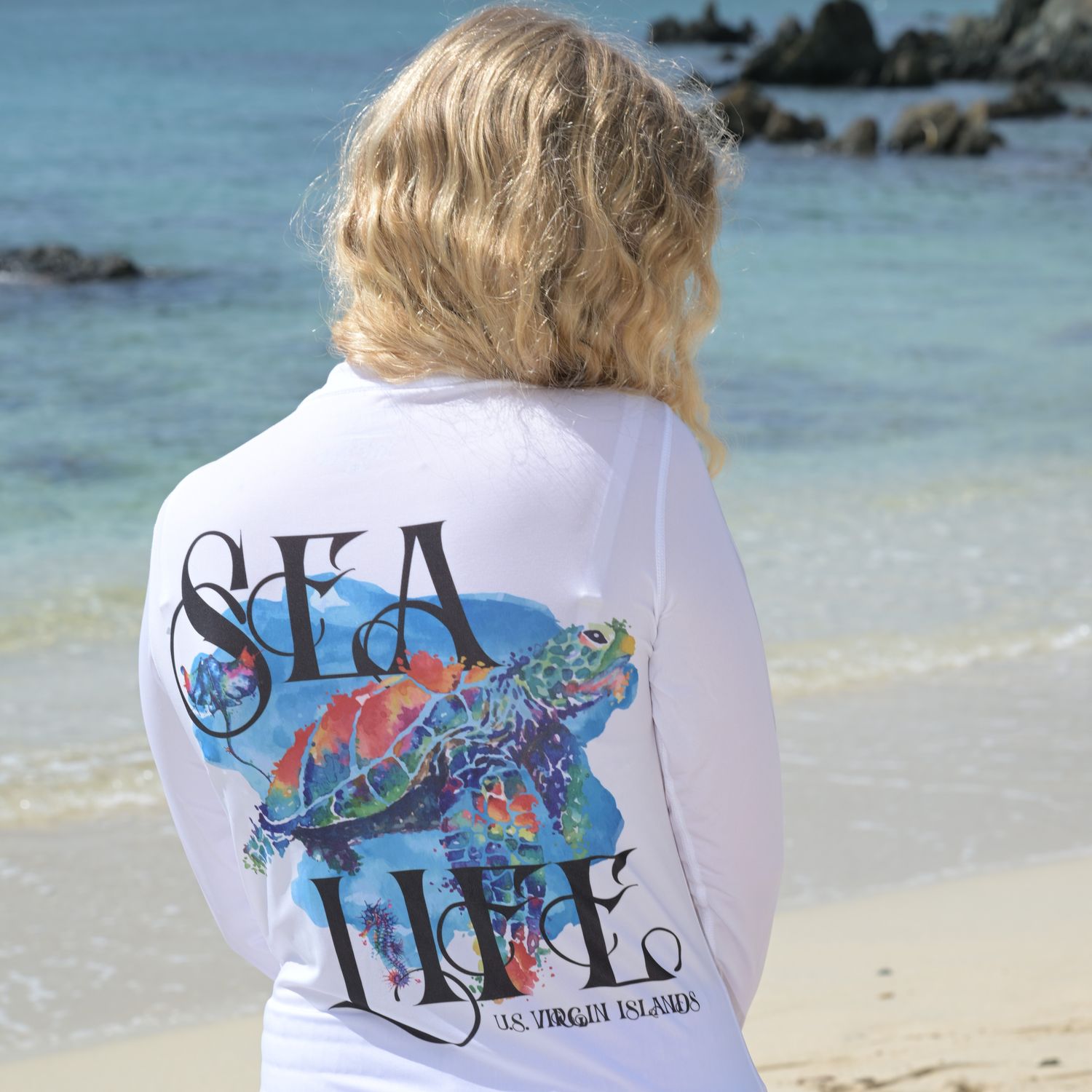 OS USVI SPF 50+ Perf Lad LS Sea Life - White