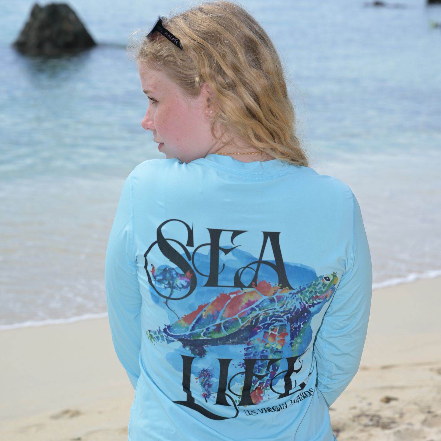 OS USVI SPF 50+ Perf Lad LS Sea Life - Blue