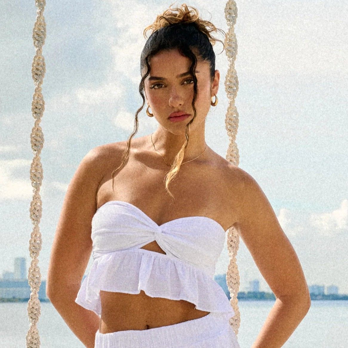 Women' s Twist Front with Flare Detail Crop Top - White
