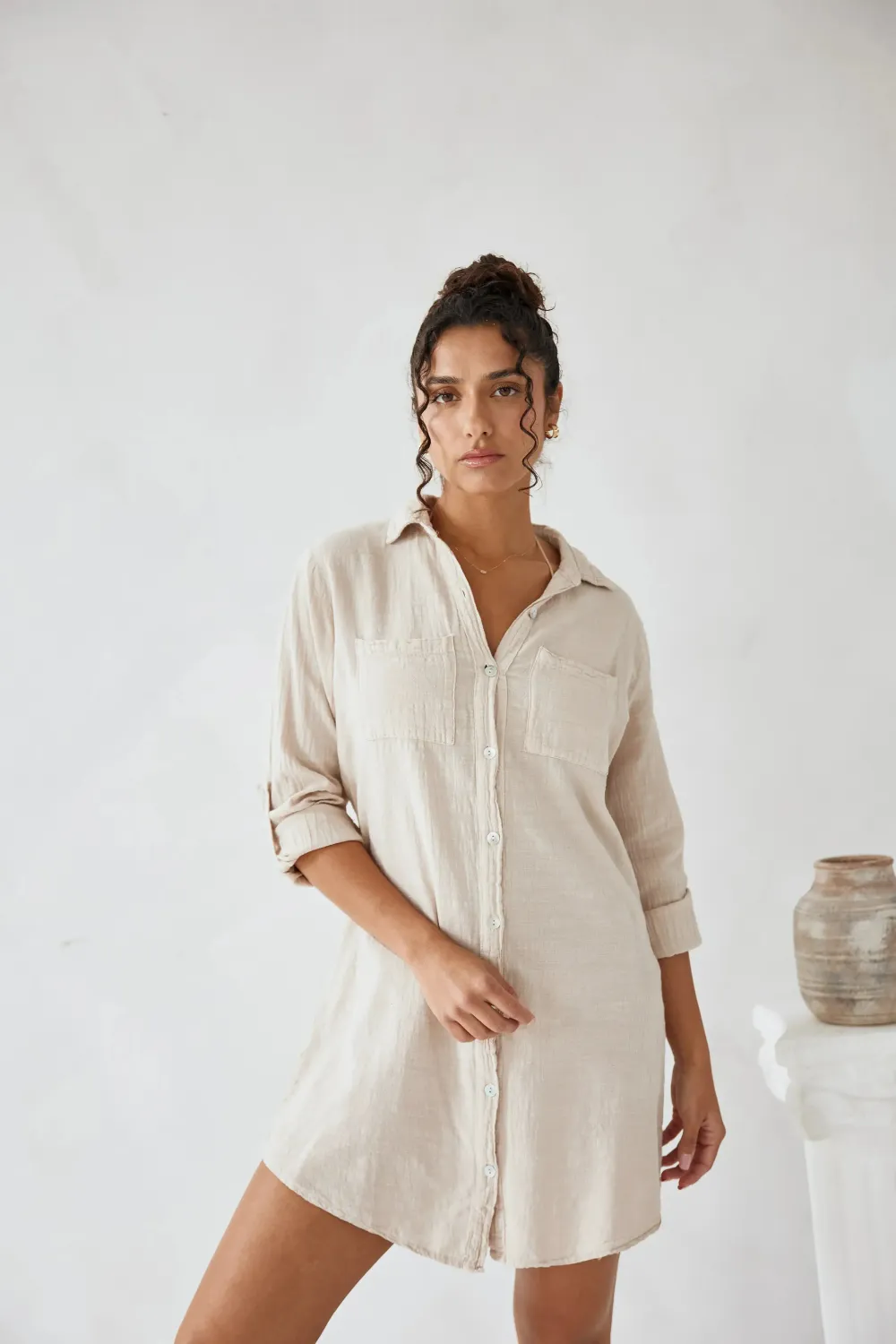 Women's Shirt Dress - Beige