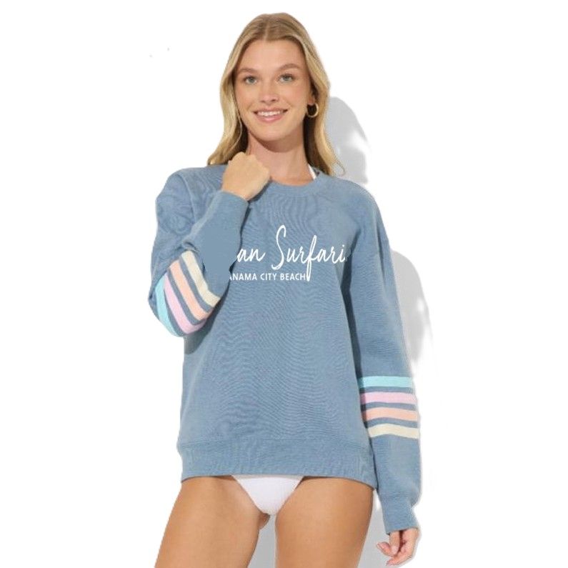 Ladies PCB HTR Fleece Crewneck Denim w/Pastel Stripes