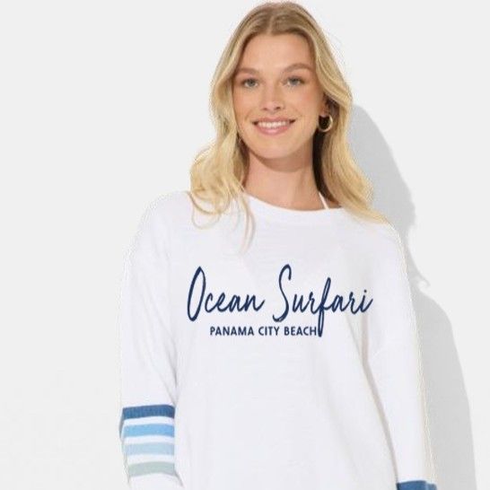 Ladies PCB HTR Fleece Crewneck White w/Blue Stripes