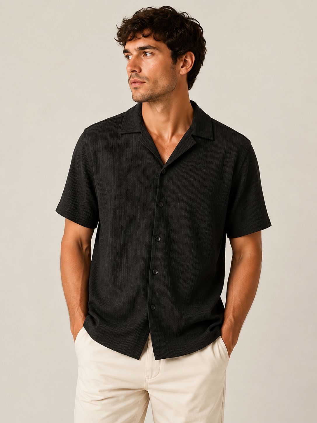 Men's S/S Button Down Camp Shirt - Black