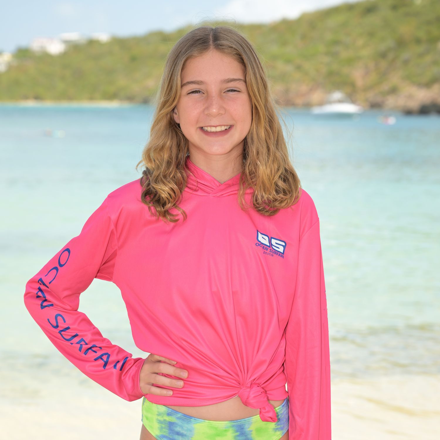 OS Destin SPF 50+ Perf Youth Hoodie Safety Pink SB