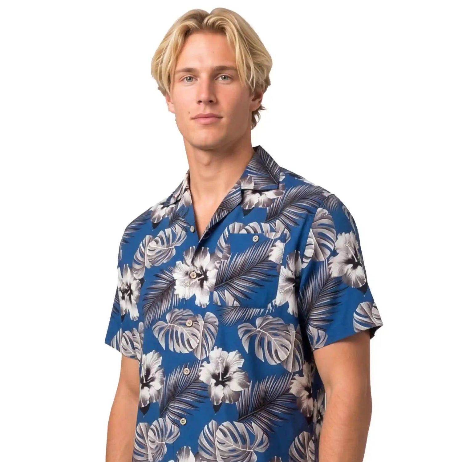 Uzzi Stretch Hawaiian Shirt Hibiscus - Navy
