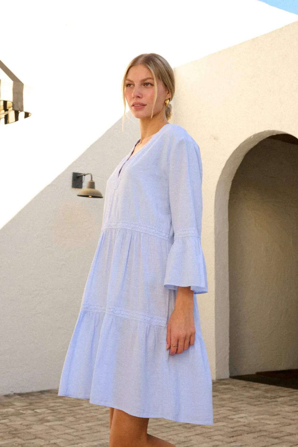 Women's V Line Dress w/Crochet - Baby Blue