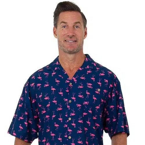 Uzzi Hawaiian Dri-Fit Shirt Flamingo Print - Navy