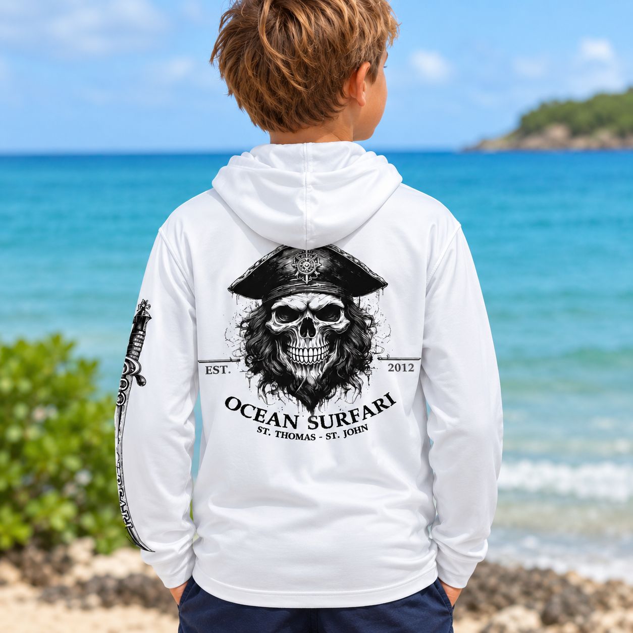 OS USVI SPF 50+ Perf Youth Hoodie Pirate White SB