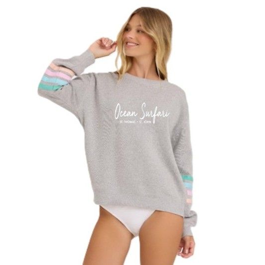 Ladies USVI Heather Fleece Crewneck Grey w/Candy Stripes