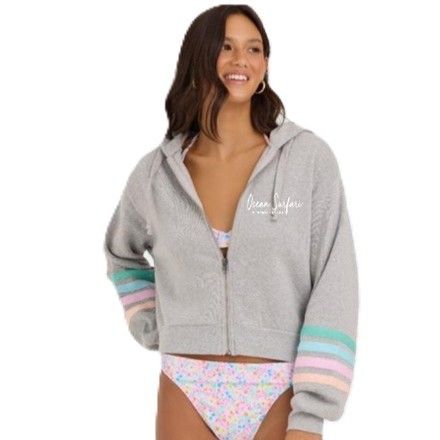 Ladies USVI Heather Fleece Crop Zip Grey w/Candy Stripes