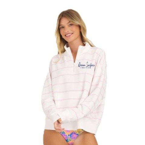 Ladies USVI Cloud Fleece 1/4 Zip Ivory/Pink Stripe