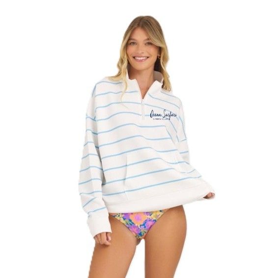 Ladies USVI Cloud Fleece 1/4 Zip Ivory/Blue Stripe