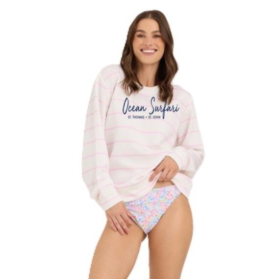 Ladies USVI Cloud Fleece Crewneck Ivory/Pink Stripe