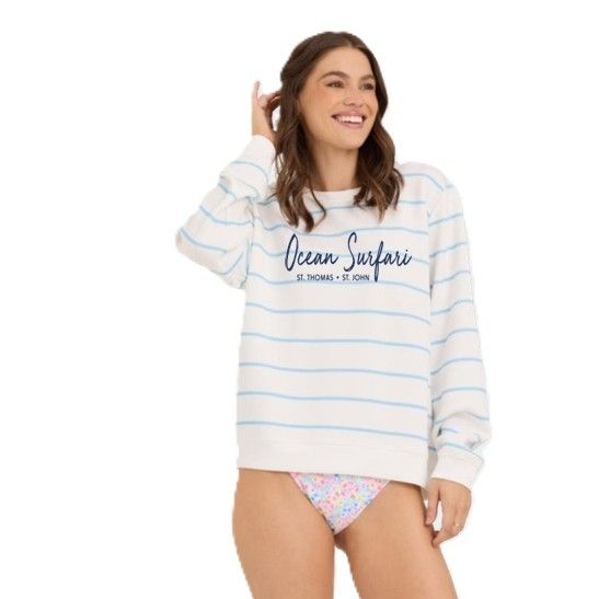 Ladies USVI Cloud Fleece Crewneck Ivory/Blue Stripe