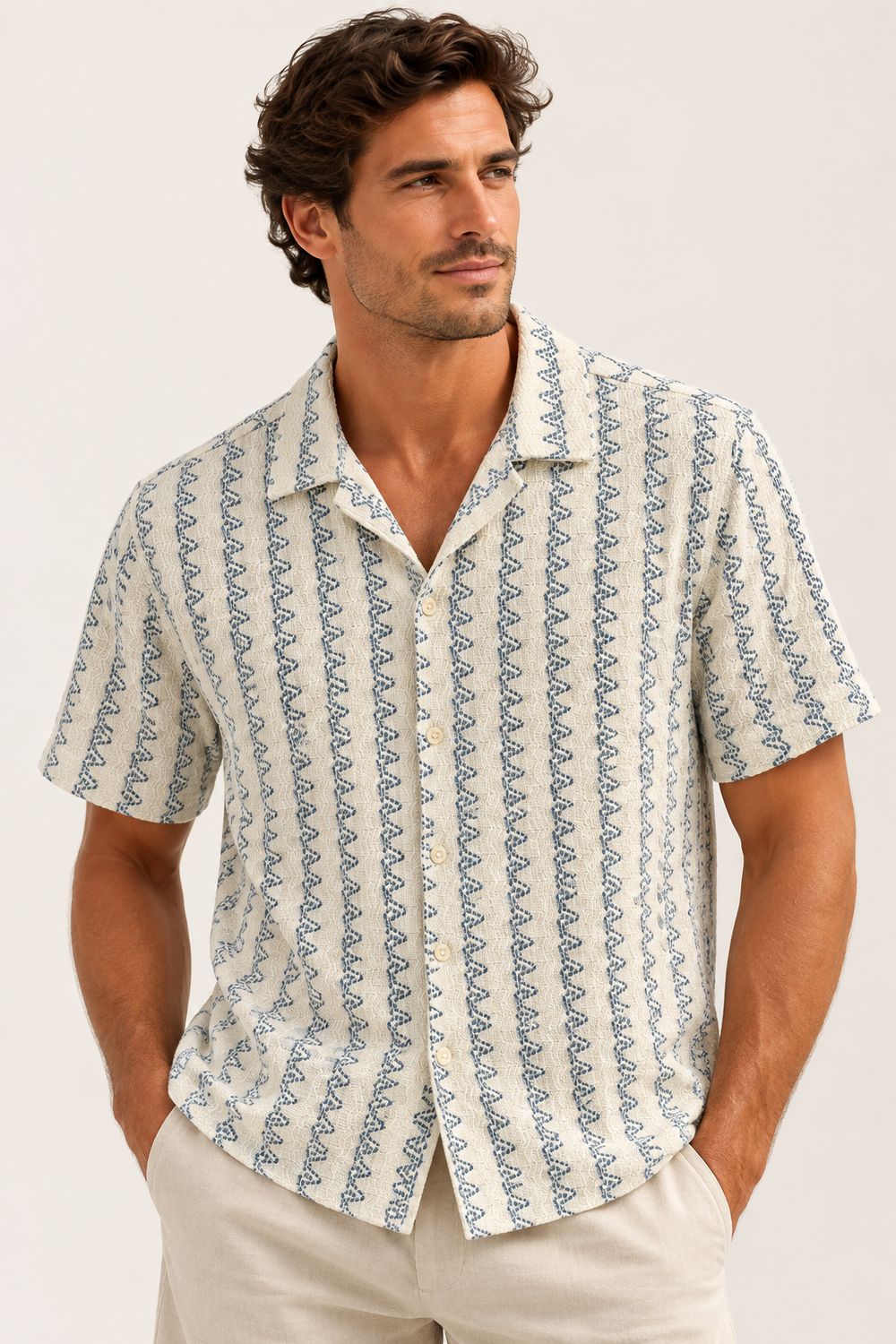 Men's S/S Button Down Texture Stitch Camp Shirt - Lt. Blue