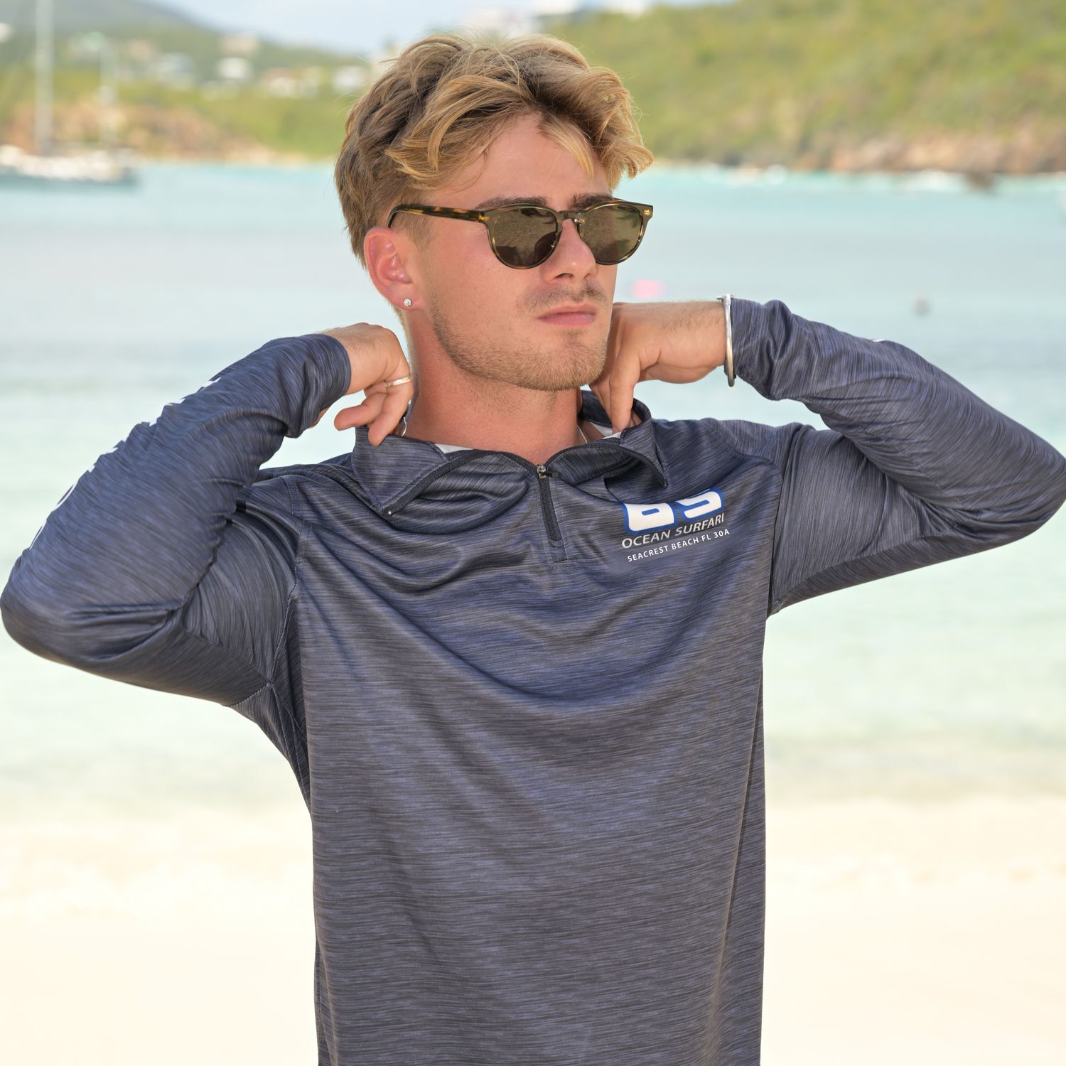 OS SCB SPF 50+ Perf 1/4 Zip Men's LS HTR Navy SB