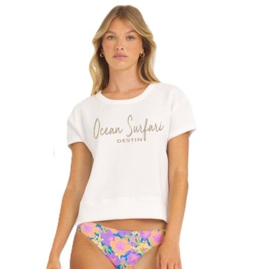 Ladies Destin Open Back Cloud Fleece Tee - Bright Ivory