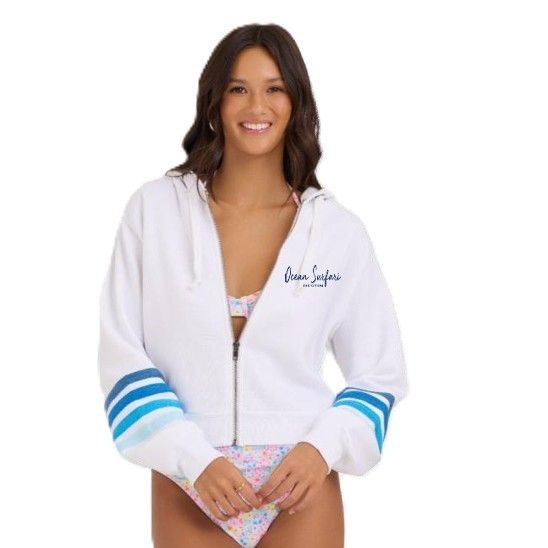 Ladies Destin HTR Fleece Crop Zip White w/Blue Stripes