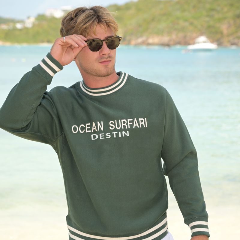 Men's DESTIN College Stripe Crewneck - Forest/Ivory