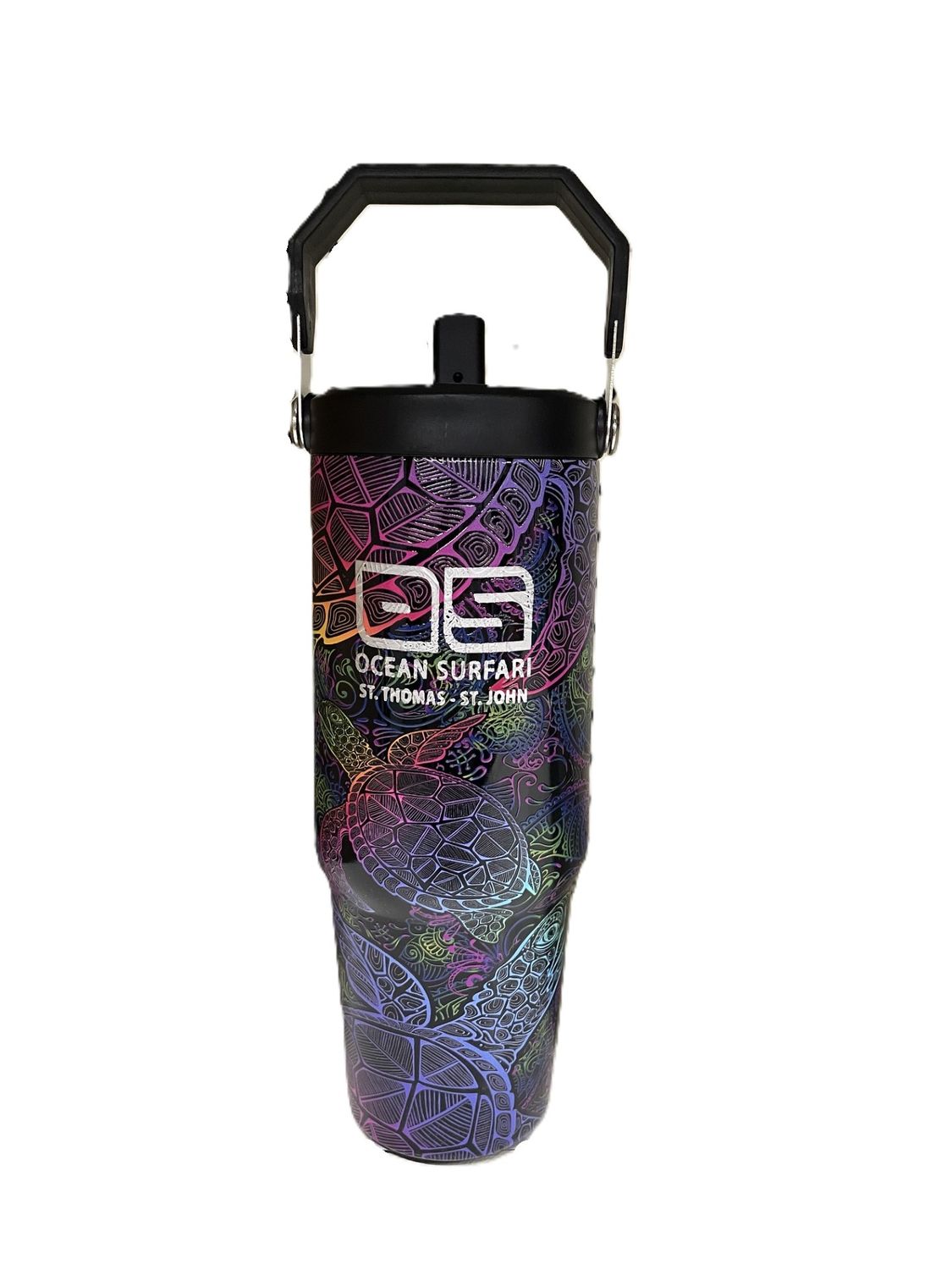 O/S USVI Tumbler Handle Turtles 30oz, Color: Neon Black