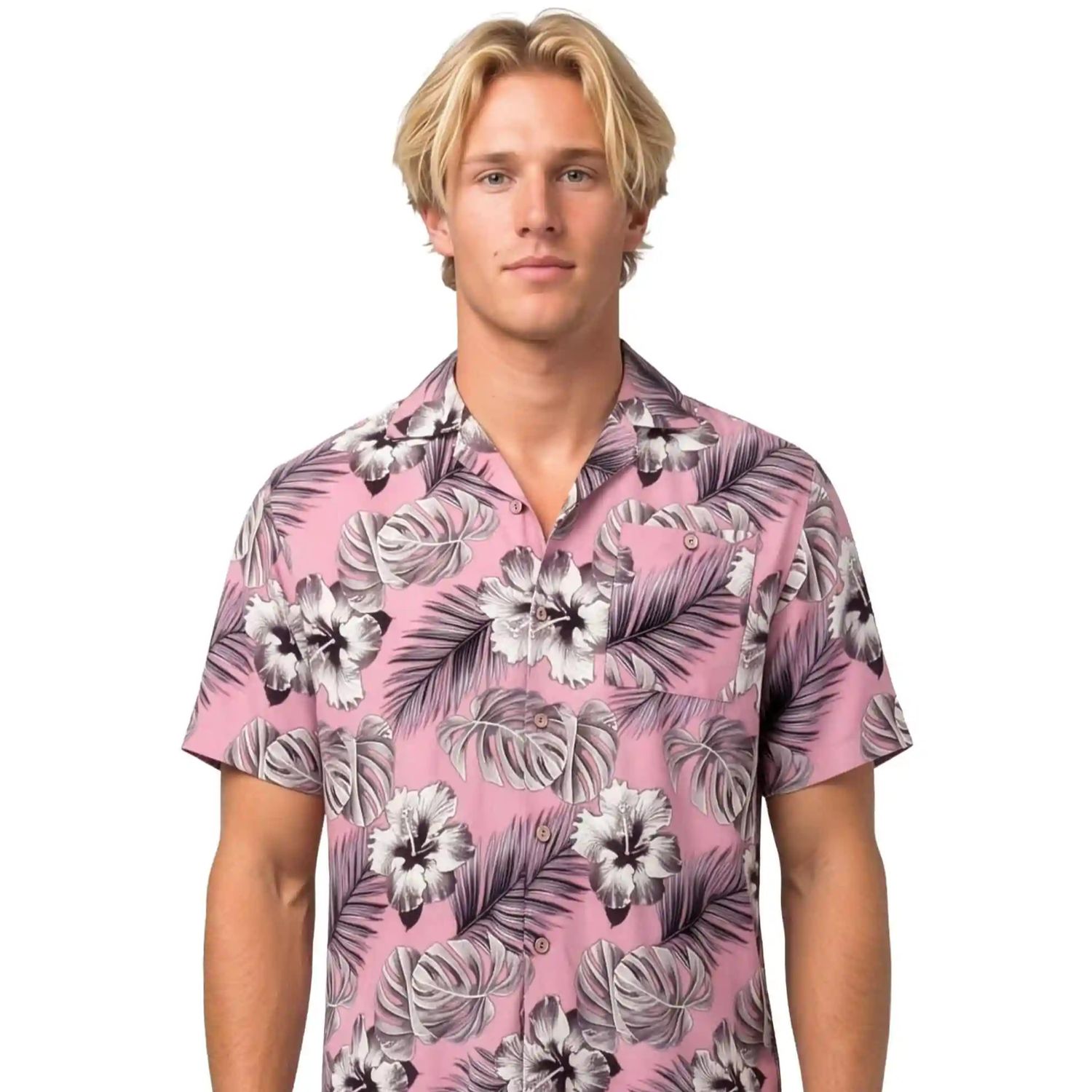 Uzzi Stretch Hawaiian Shirt Hibiscus - Pink