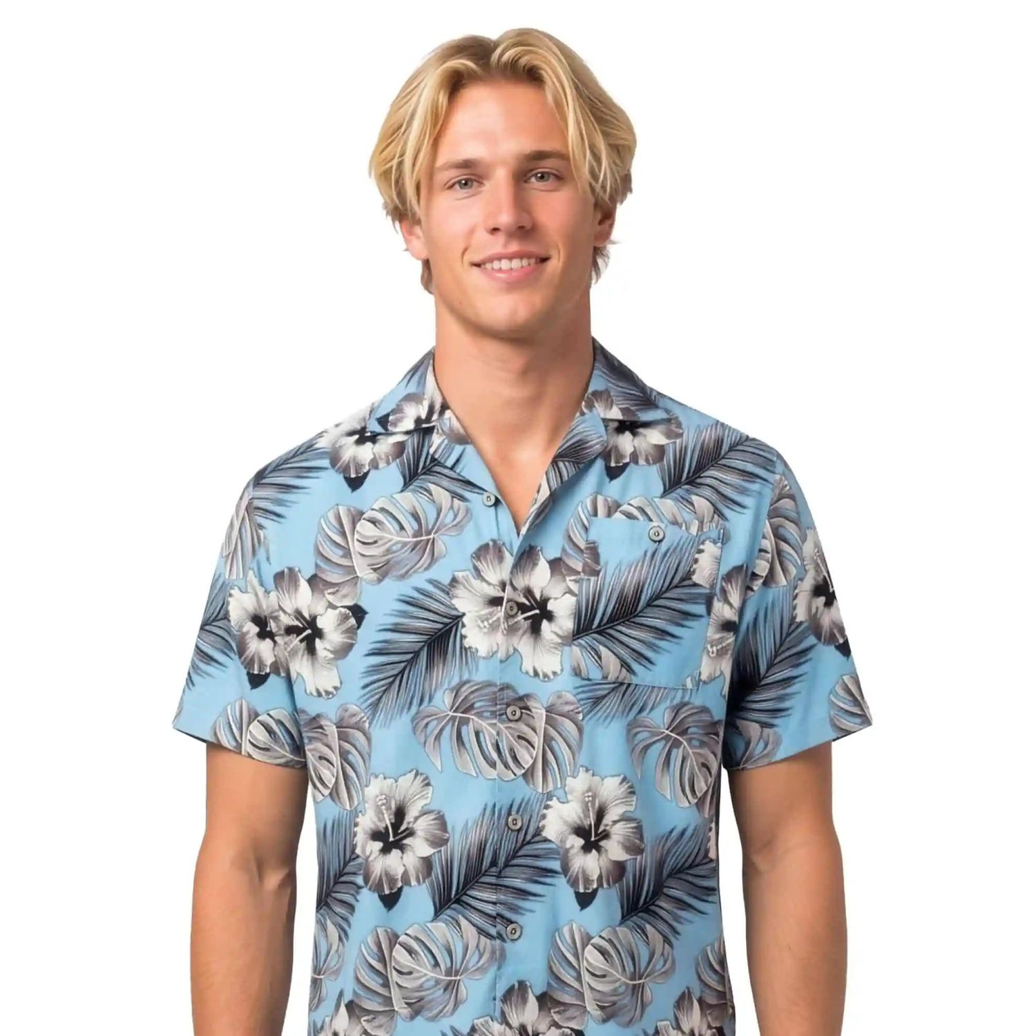 Uzzi Stretch Hawaiian Shirt Hibiscus - Lt Blue