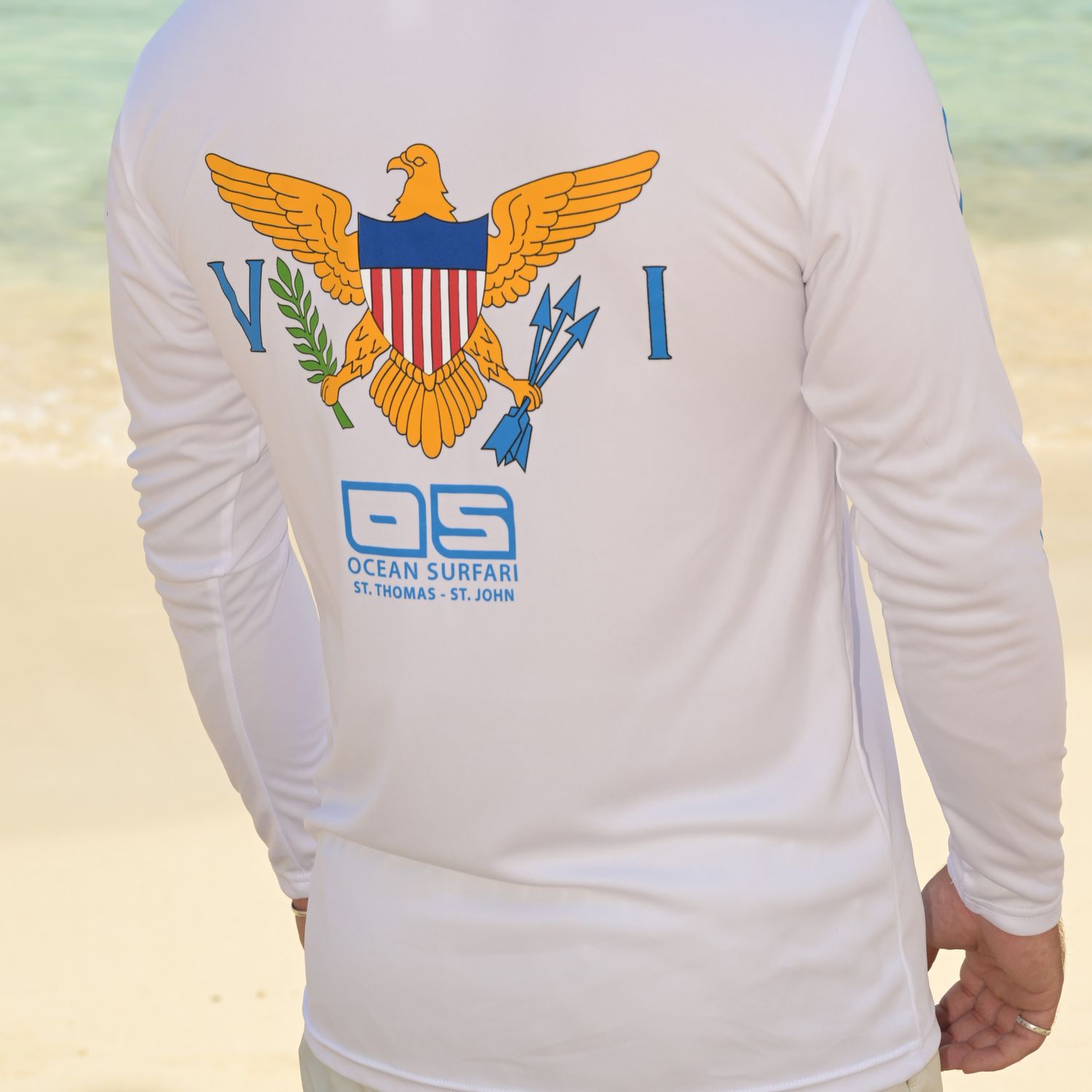 OS USVI SPF 50+ Perf Men's LS Flag White SB