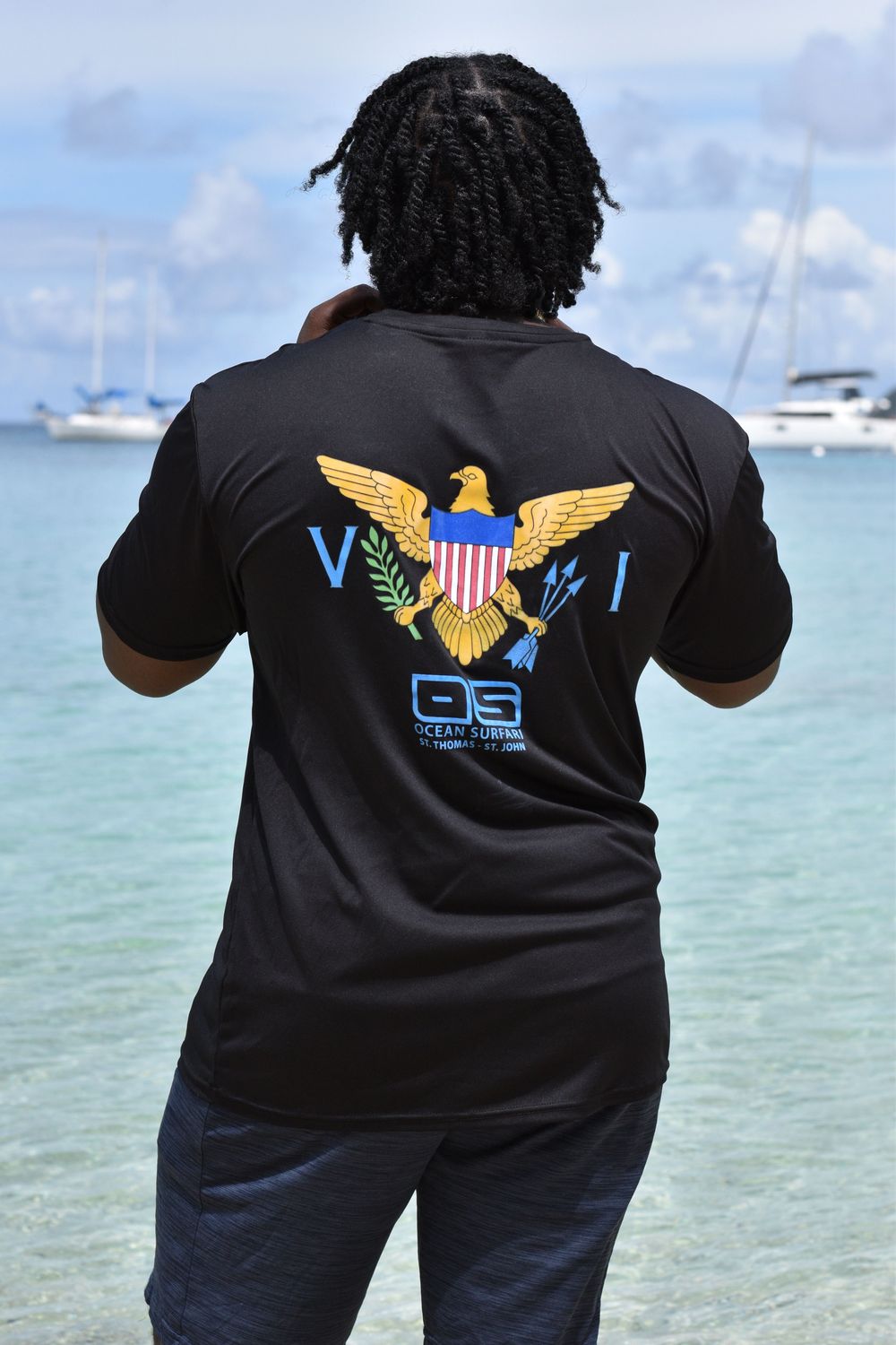 OS USVI SPF 50+ Perf Men's SS Flag Black SB