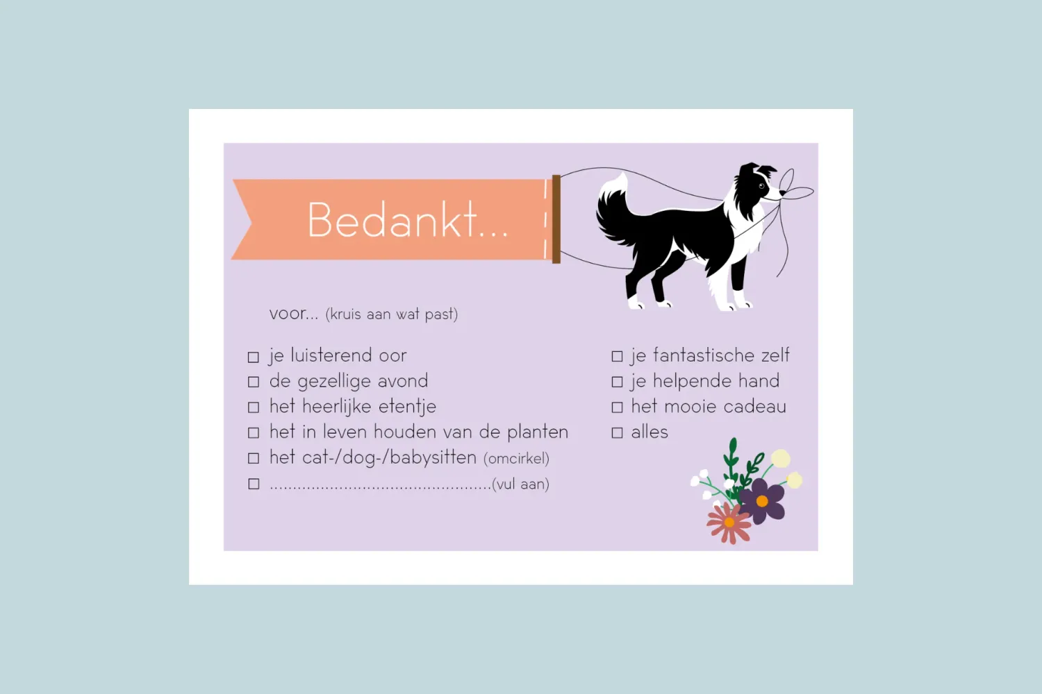 Postkaart - bedankt (border collie) | Studio Parkiet Postkaart - bedankt (border collie) | Studio Parkiet