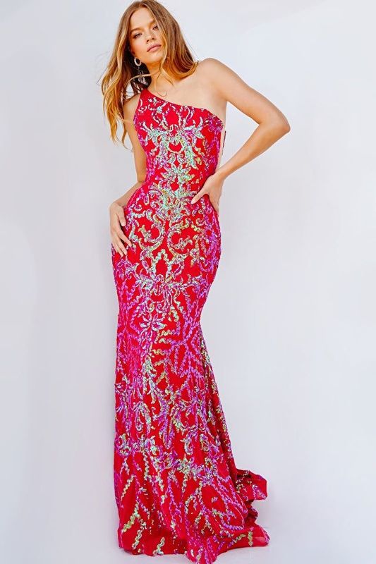 Jovani 22845 Iridescent Red Embellished One Shoulder Dress