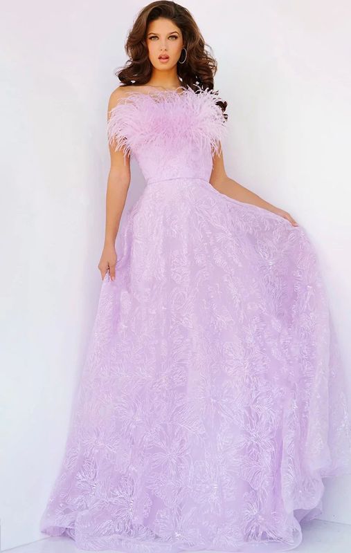 Jovani 09945 Light Purple Feather Neckline Prom Gown