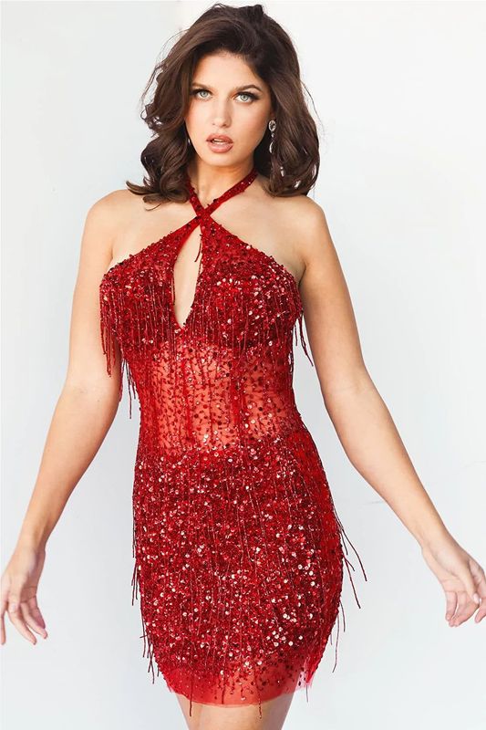 Jovani 04210 Red Embellished Key Hole Neck Cocktail Dress