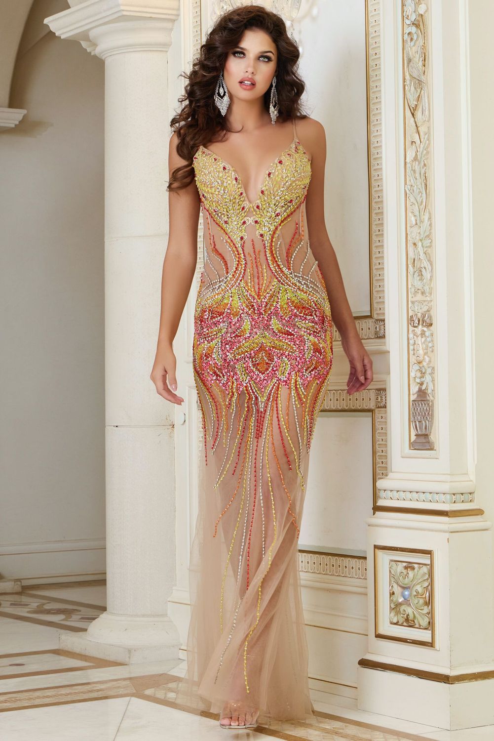 Plunging Beaded Illusion Gown with Sheer Overlay 40116