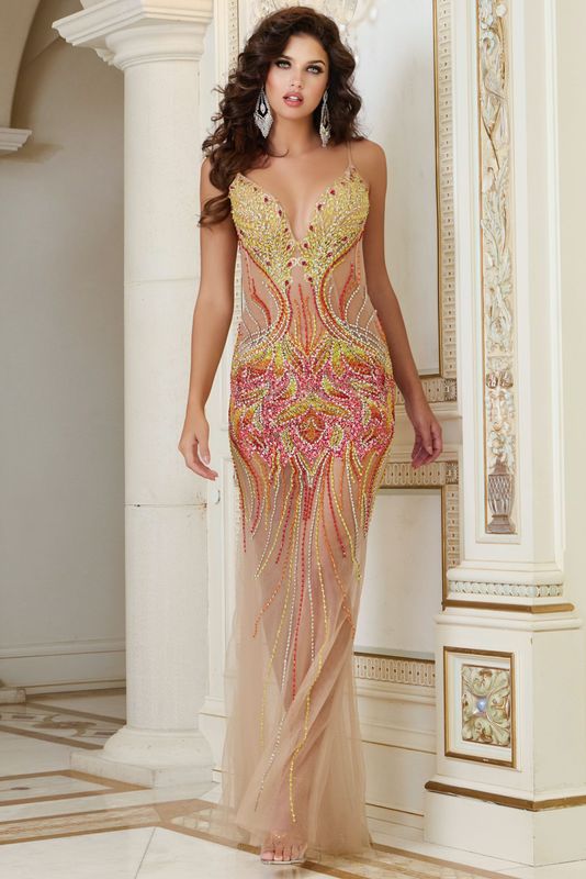 Plunging Beaded Illusion Gown with Sheer Overlay 40116