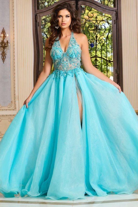 Halter A-Line Gown with Sheer Beaded Bodice and High Slit 39642