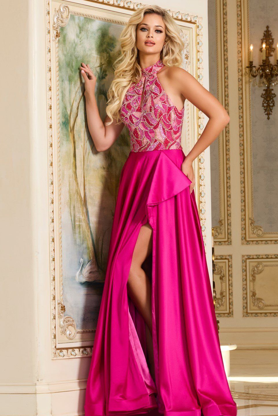 Halter Neck A-Line Gown with Beaded Bodice 41186
