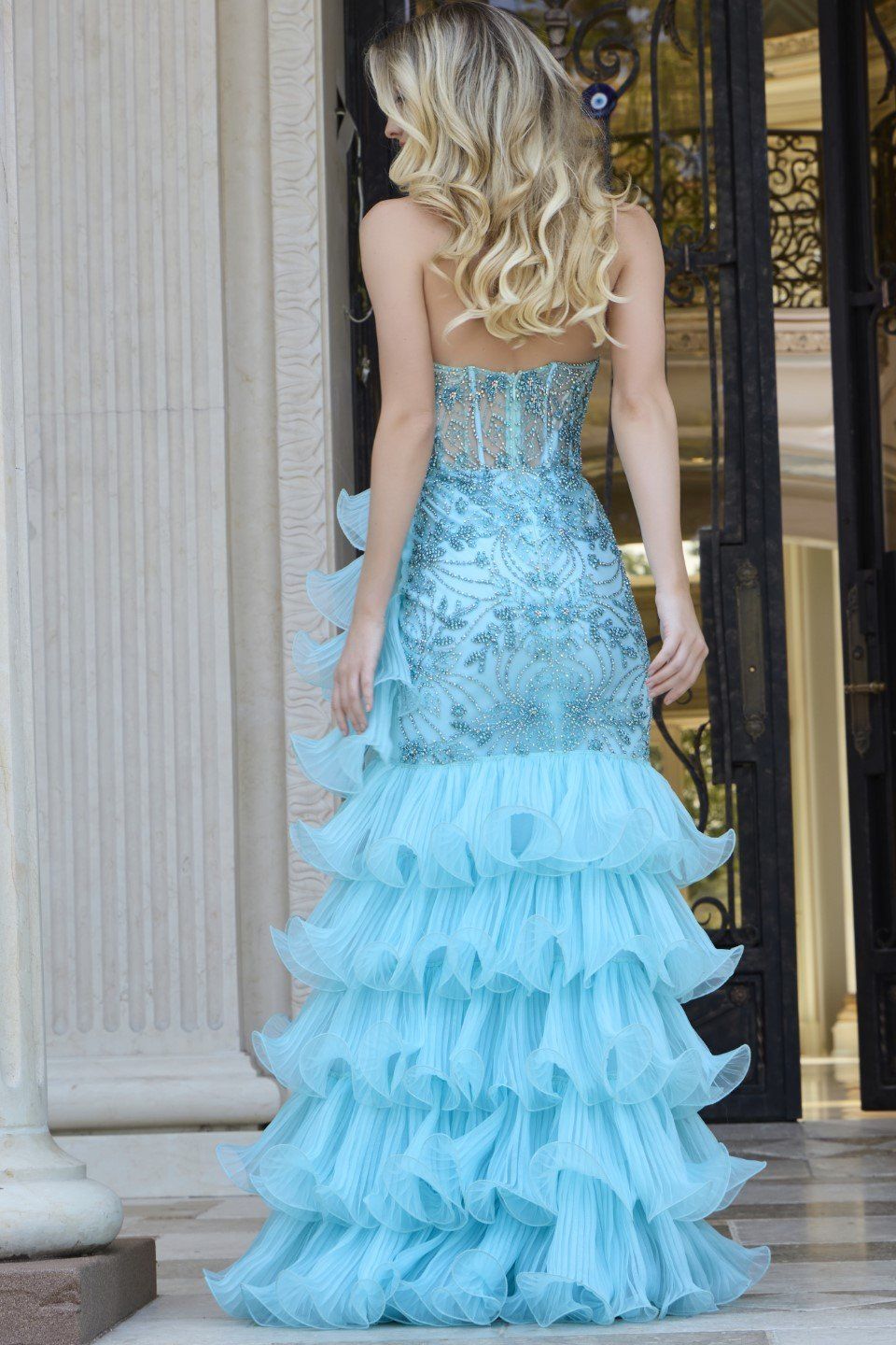 Strapless Ruffled Gown with Beaded Bodice 38295