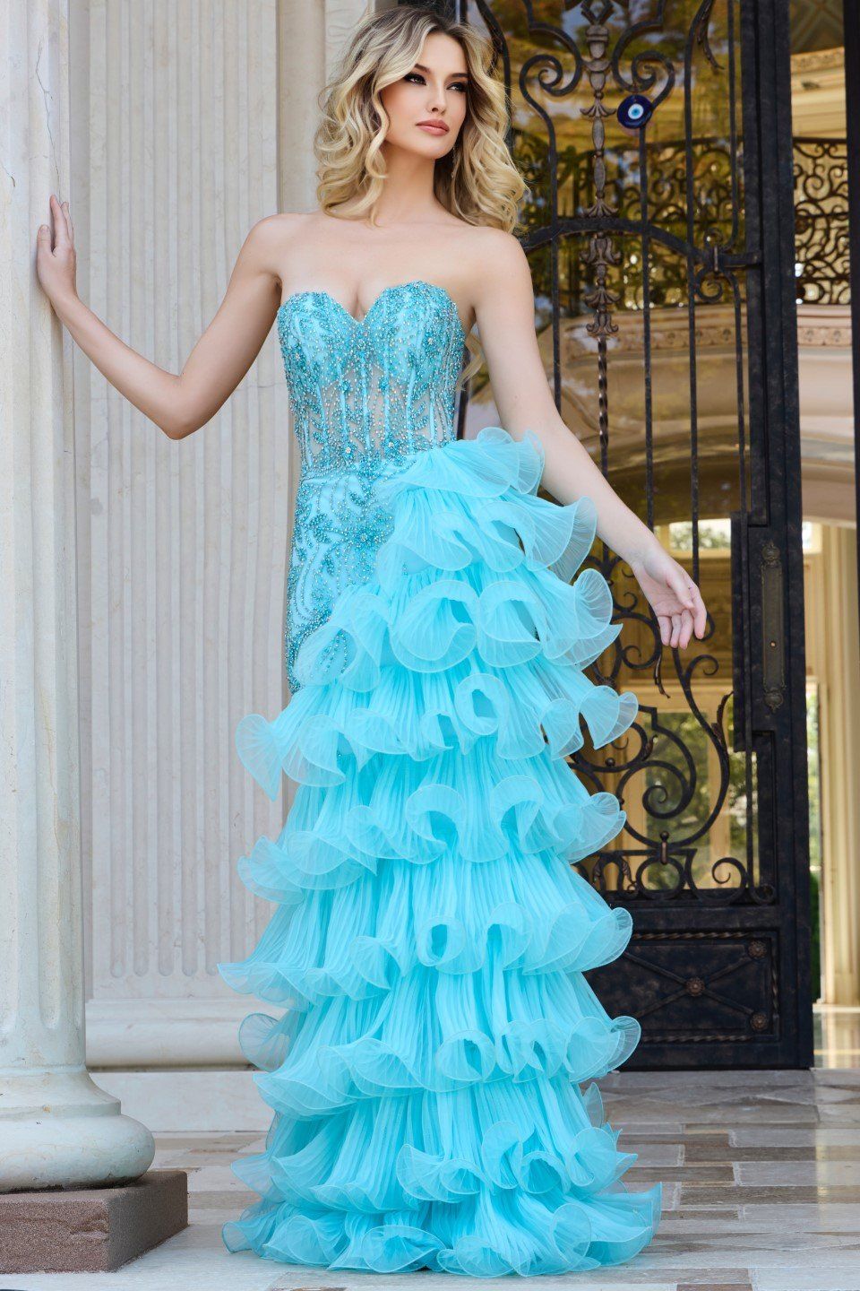 Strapless Ruffled Gown with Beaded Bodice 38295