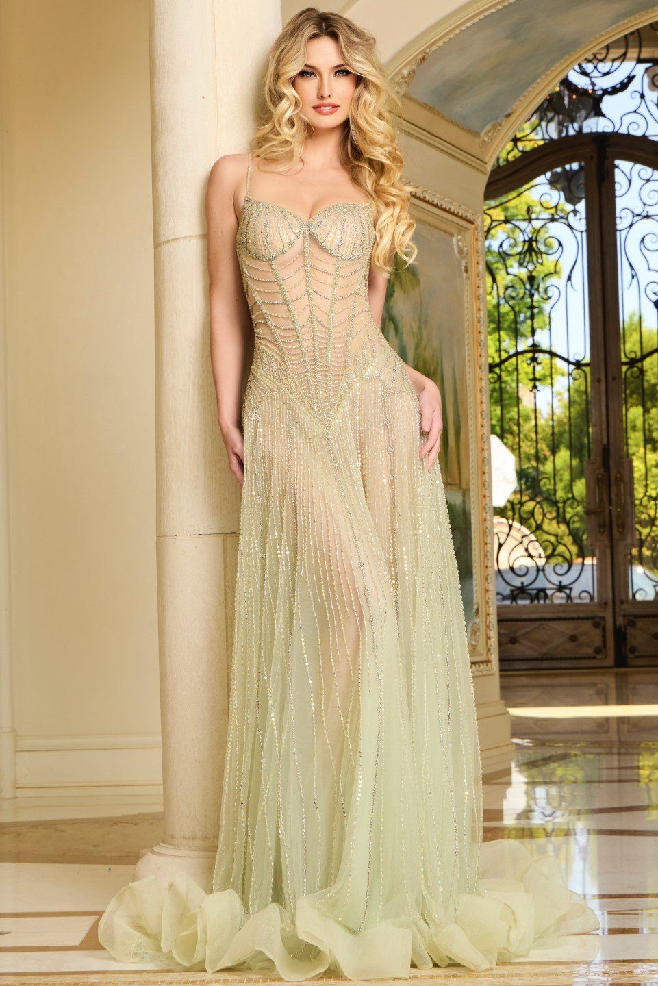 Sheer Beaded Gown with Sweetheart Neckline 37593