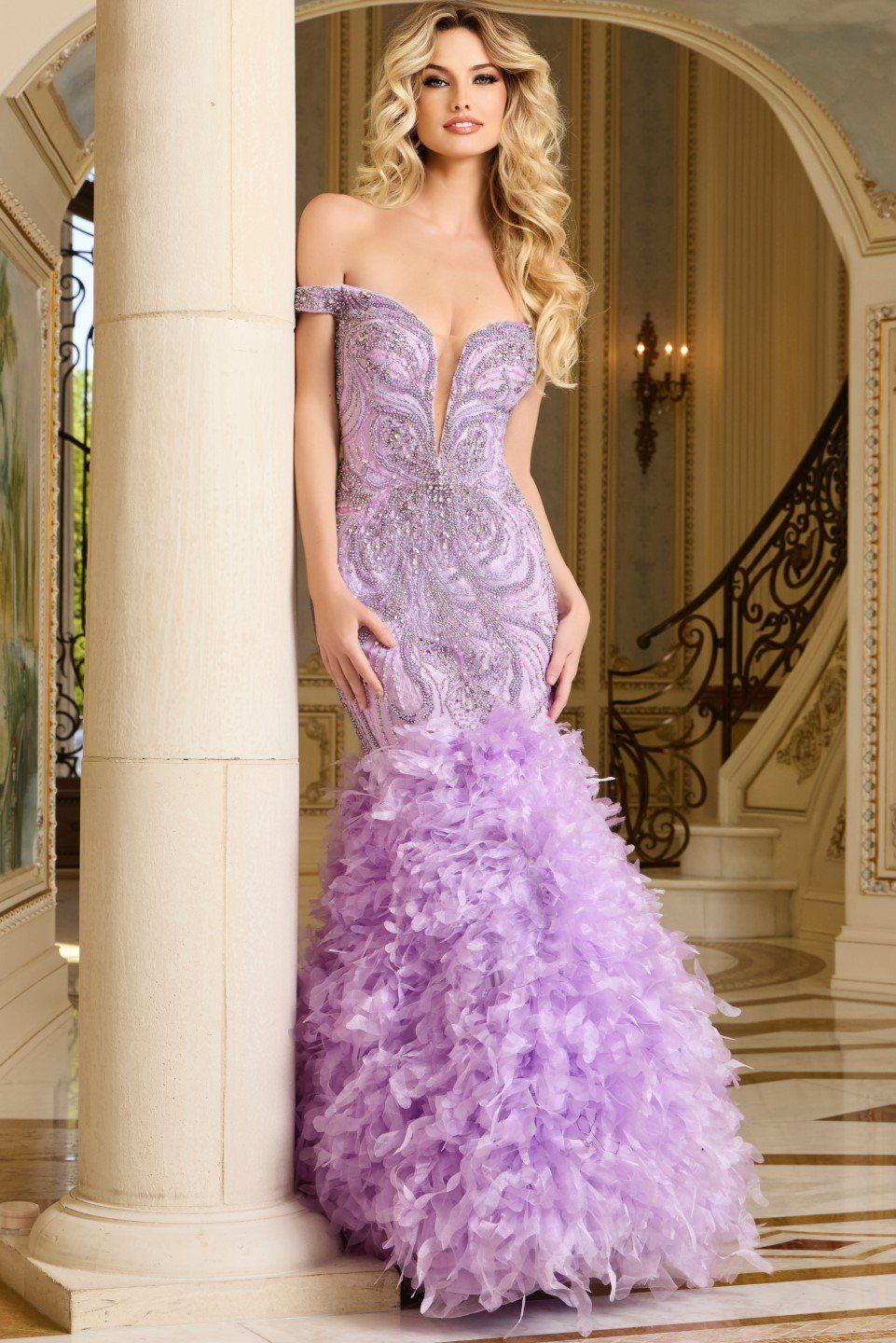Off-the-Shoulder Mermaid Gown with Intricate Beaded Bodice 38498